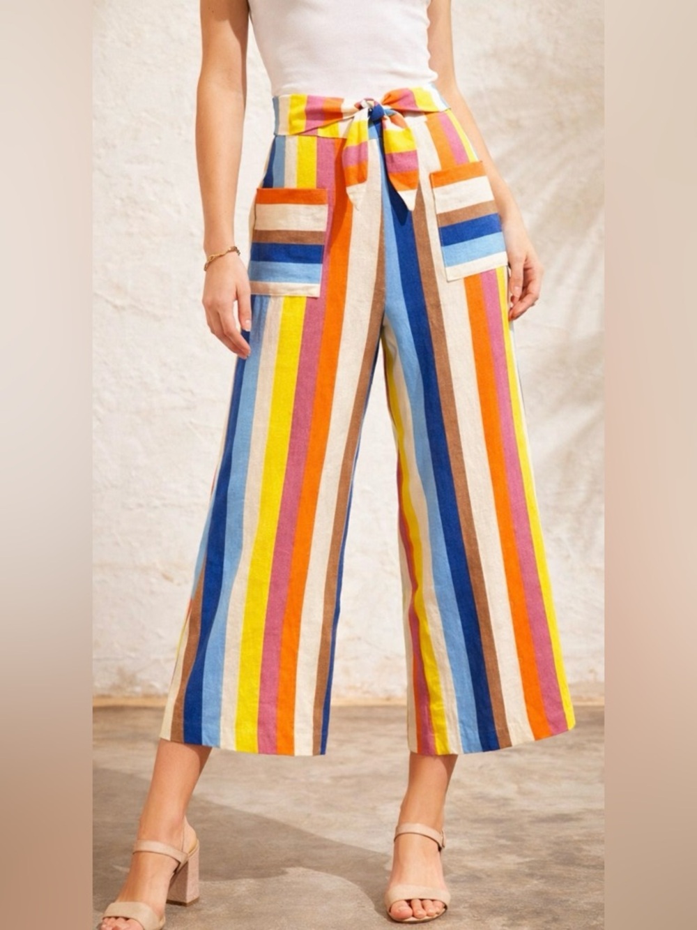 Sage & Citrus Linen Blend Wide-Leg Pants Rainbow Stripe Tie Waist